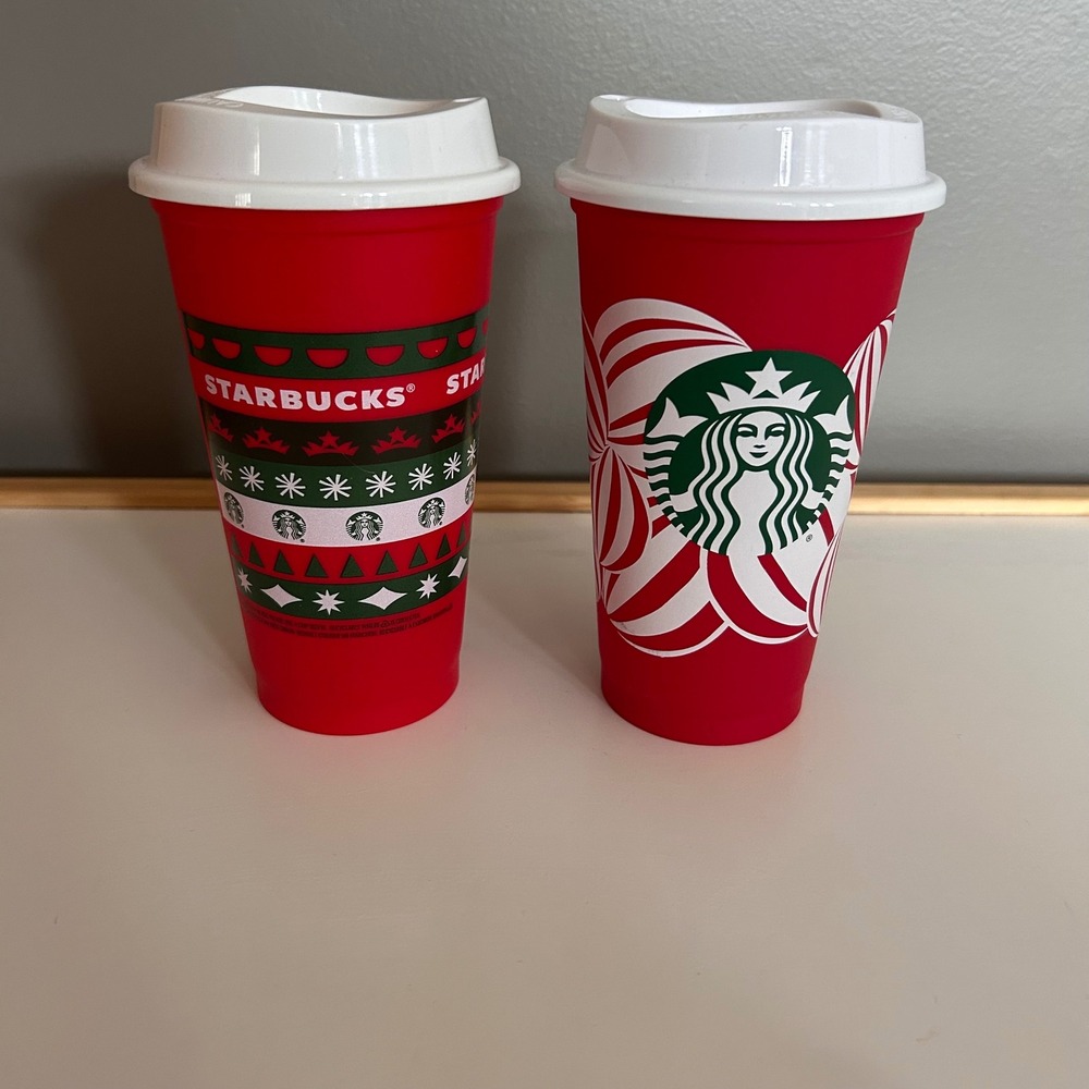 Two Starbucks‎ '20 '24 Reusable Holiday Hot Cups 16oz Red Peppermint Fair Isle